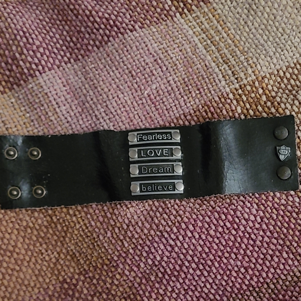Crinkled Black Leather Soft Cuff Bracelet with Inspirational Tags.  Worn 1X